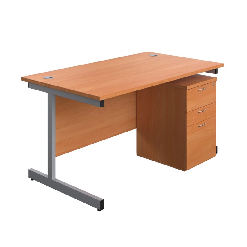 Single Upright Rectangular Desk + High Mobile Pedestal 3 Drawer | 1400 X 800 | Beech/Silver