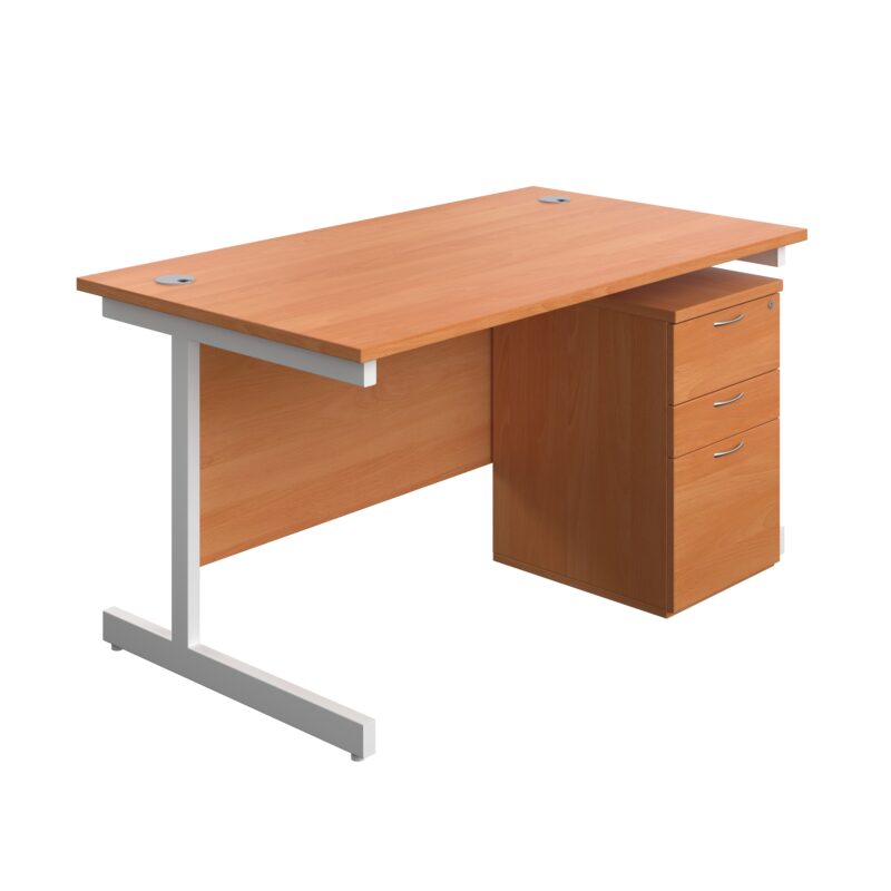 Single Upright Rectangular Desk + High Mobile Pedestal 3 Drawer | 1400 X 800 | Beech/White