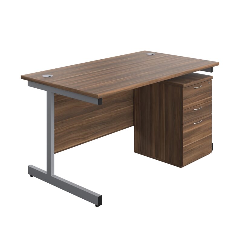 Single Upright Rectangular Desk + High Mobile Pedestal 3 Drawer | 1400 X 800 | Dark Walnut/Silver