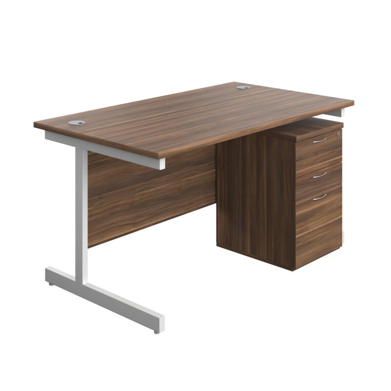 Single Upright Rectangular Desk + High Mobile Pedestal 3 Drawer | 1400 X 800 | Dark Walnut/White