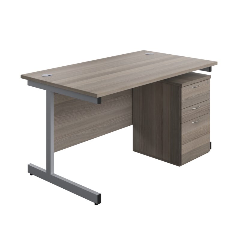 Single Upright Rectangular Desk + High Mobile Pedestal 3 Drawer | 1400 X 800 | Grey Oak/Silver