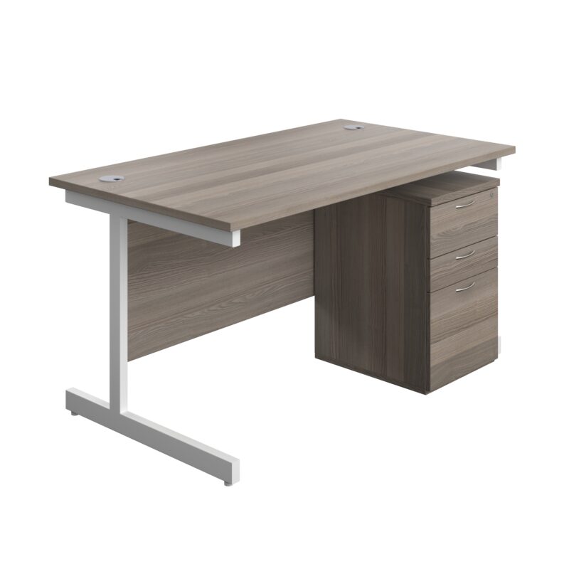 Single Upright Rectangular Desk + High Mobile Pedestal 3 Drawer | 1400 X 800 | Grey Oak/White