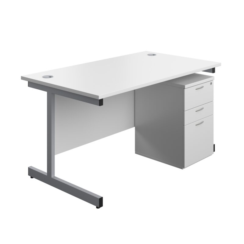 Single Upright Rectangular Desk + High Mobile Pedestal 3 Drawer | 1400 X 800 | White/Silver