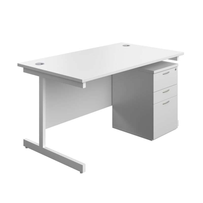 Single Upright Rectangular Desk + High Mobile Pedestal 3 Drawer | 1400 X 800 | White/White