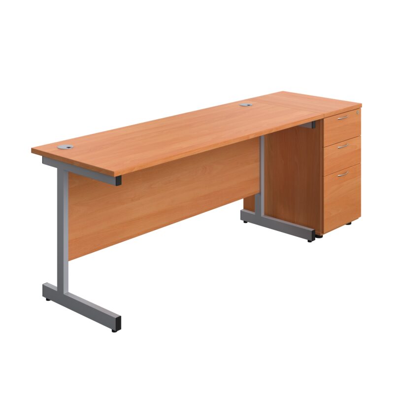 Single Upright Rectangular Desk + Desk High 3 Drawer Pedestal | 1600 X 600 | Beech/Silver