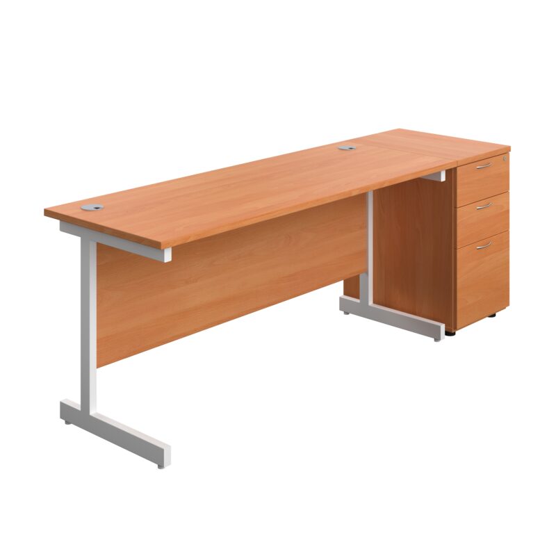 Single Upright Rectangular Desk + Desk High 3 Drawer Pedestal | 1600 X 600 | Beech/White