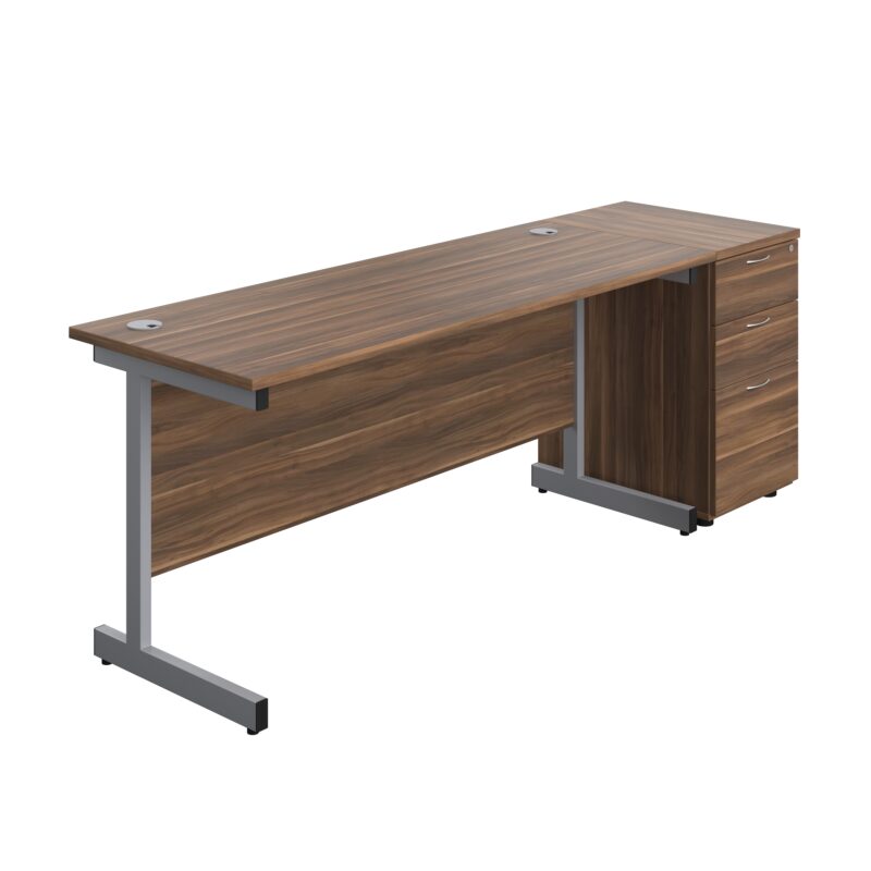 Single Upright Rectangular Desk + Desk High 3 Drawer Pedestal | 1600 X 600 | Dark Walnut/Silver