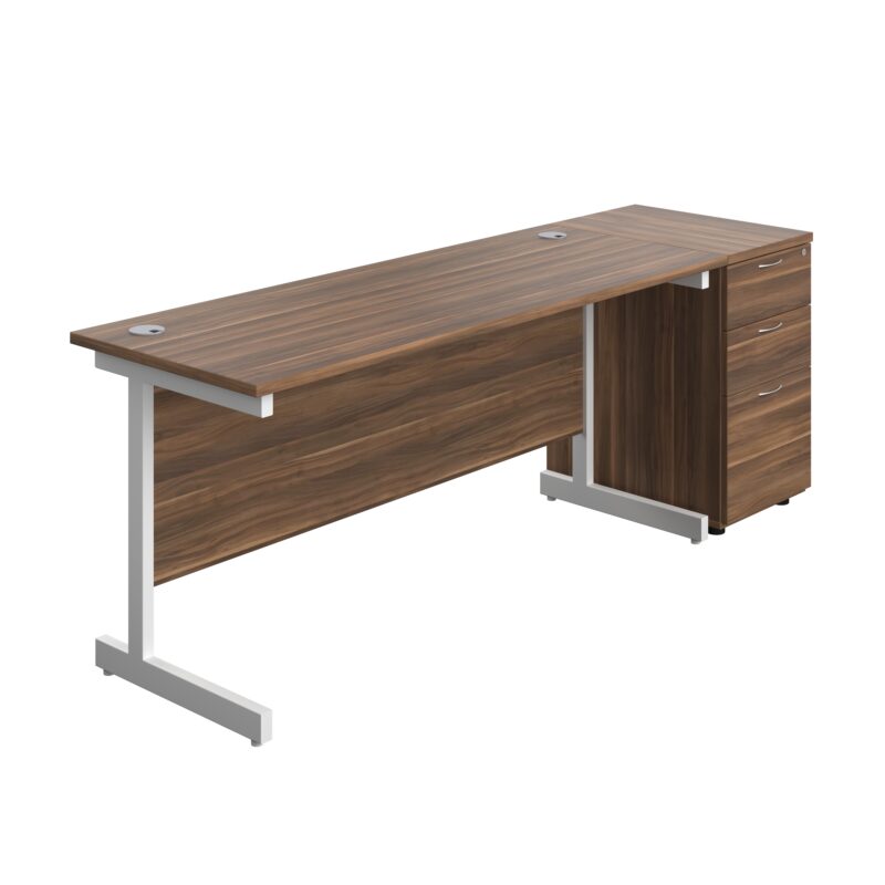 Single Upright Rectangular Desk + Desk High 3 Drawer Pedestal | 1600 X 600 | Dark Walnut/White