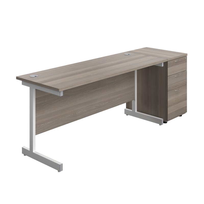 Single Upright Rectangular Desk + Desk High 3 Drawer Pedestal | 1600 X 600 | Grey Oak/White