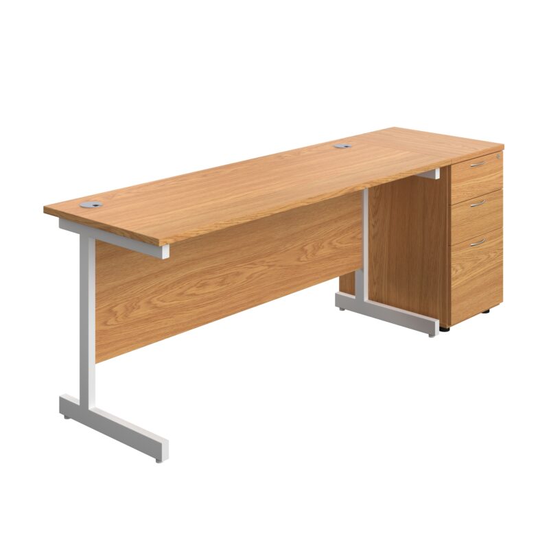 Single Upright Rectangular Desk + Desk High 3 Drawer Pedestal | 1600 X 600 | Nova Oak/White