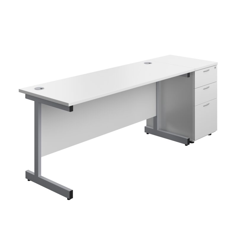 Single Upright Rectangular Desk + Desk High 3 Drawer Pedestal | 1600 X 600 | White/Silver