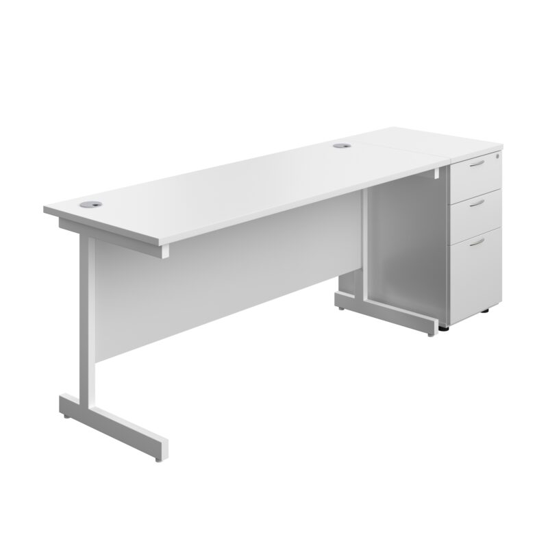 Single Upright Rectangular Desk + Desk High 3 Drawer Pedestal | 1600 X 600 | White/White