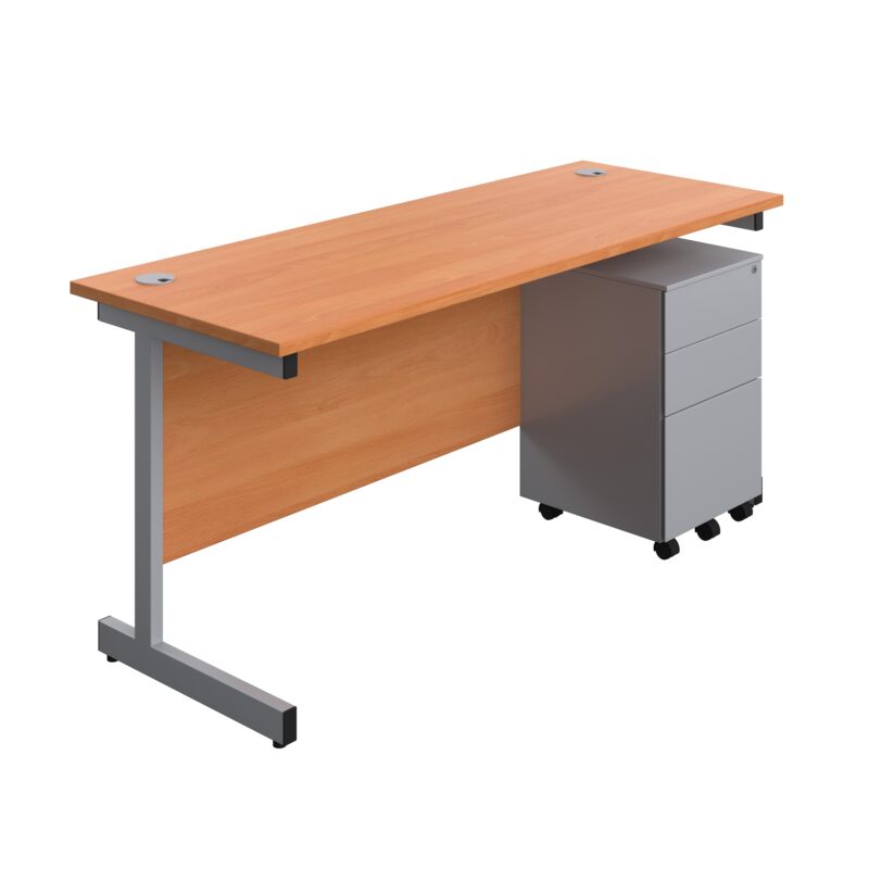 Single Upright Rectangular Desk + Under Desk Steel Pedestal 3 Drawers | 1600 X 600 | Beech/Silver