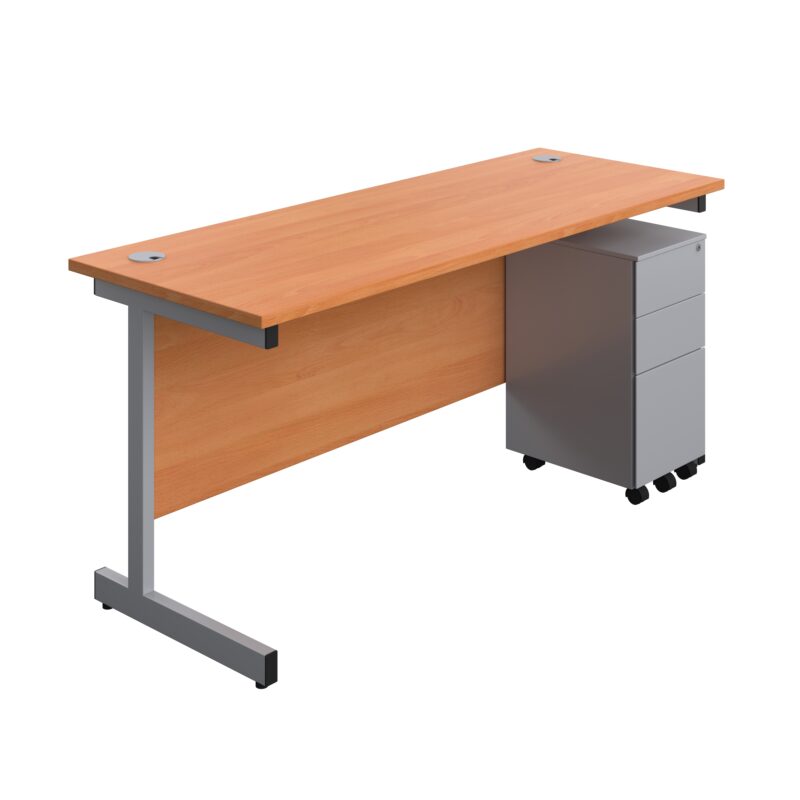 Single Upright Rectangular Desk + Slimline Steel Pedestal 3 Drawers | 1600 X 600 | Beech/Silver