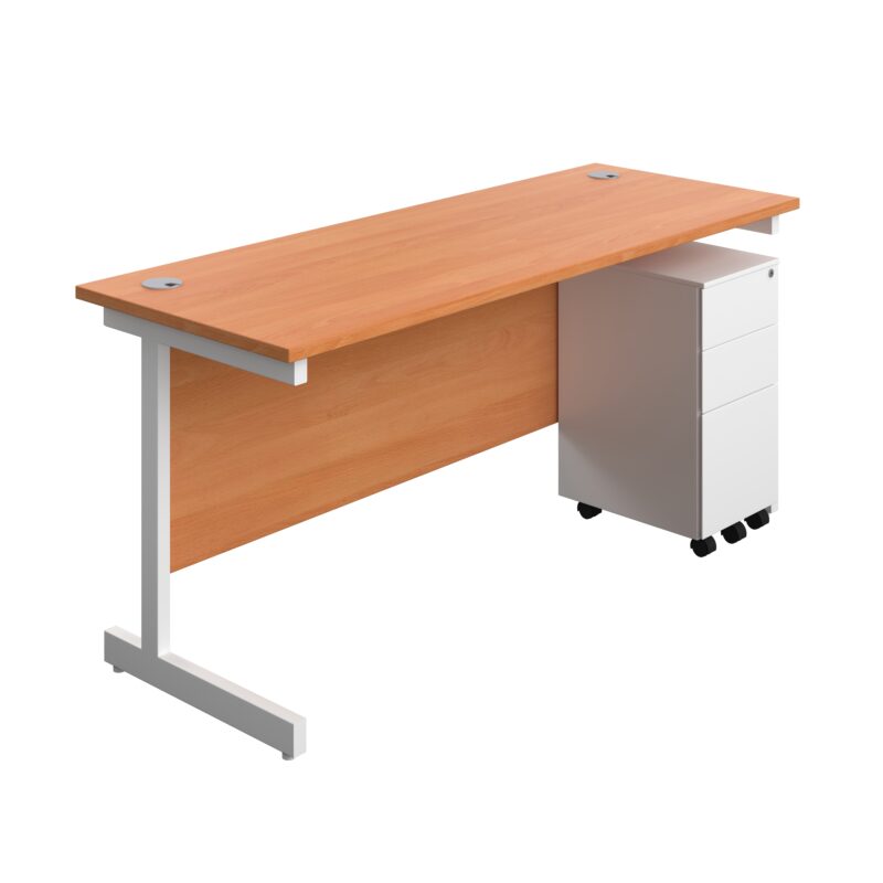 Single Upright Rectangular Desk + Slimline Steel Pedestal 3 Drawers | 1600 X 600 | Beech/White