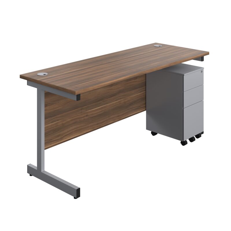 Single Upright Rectangular Desk + Slimline Steel Pedestal 3 Drawers | 1600 X 600 | Dark Walnut/Silver