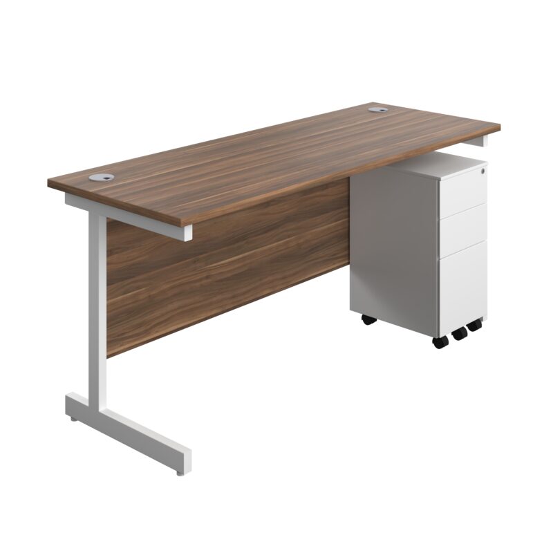 Single Upright Rectangular Desk + Slimline Steel Pedestal 3 Drawers | 1600 X 600 | Dark Walnut/White