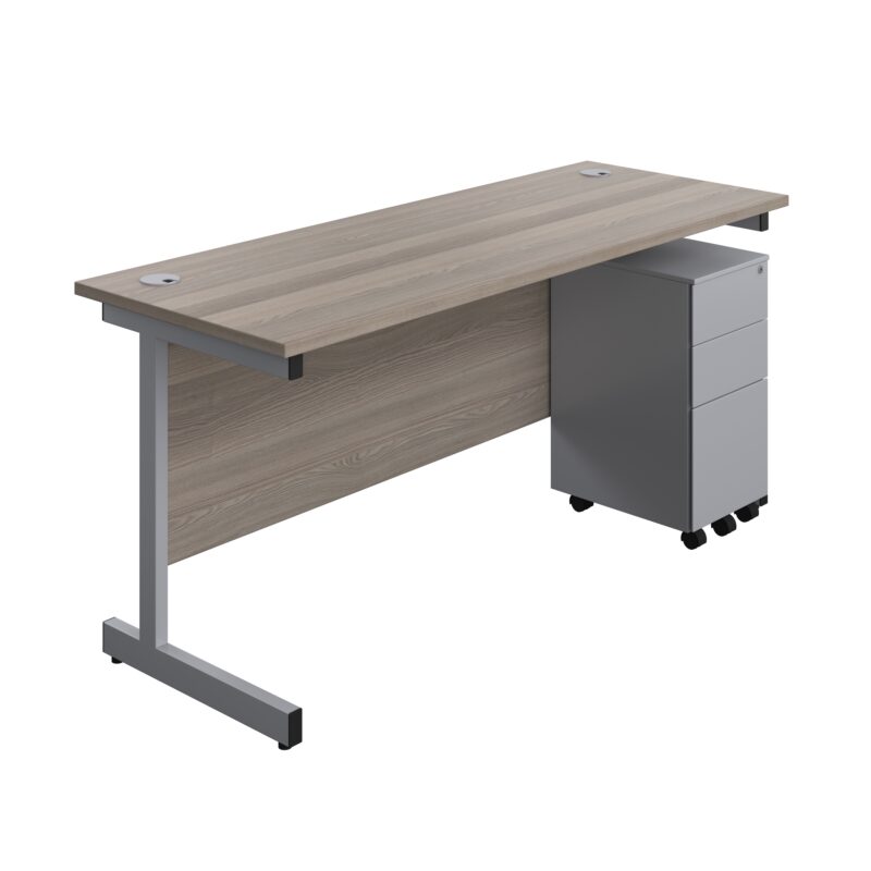 Single Upright Rectangular Desk + Slimline Steel Pedestal 3 Drawers | 1600 X 600 | Grey Oak/Silver