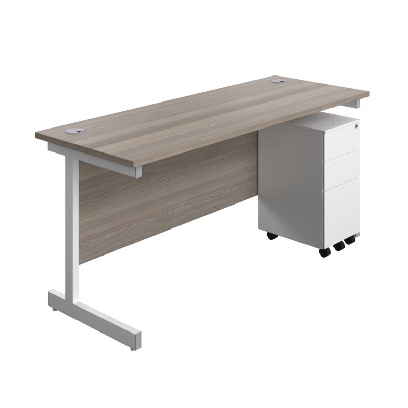 Single Upright Rectangular Desk + Slimline Steel Pedestal 3 Drawers | 1600 X 600 | Grey Oak/White