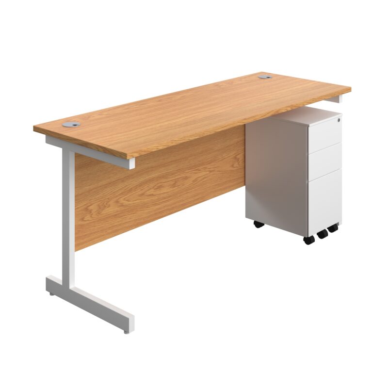 Single Upright Rectangular Desk + Slimline Steel Pedestal 3 Drawers | 1600 X 600 | Nova Oak/White