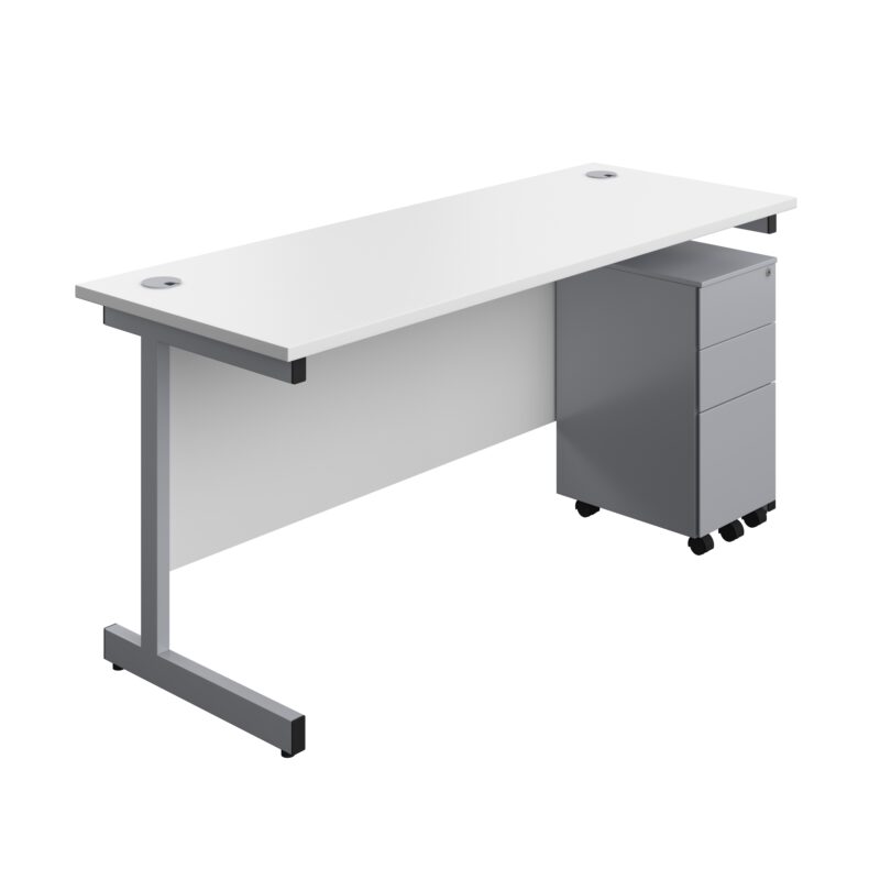 Single Upright Rectangular Desk + Slimline Steel Pedestal 3 Drawers | 1600 X 600 | White/Silver