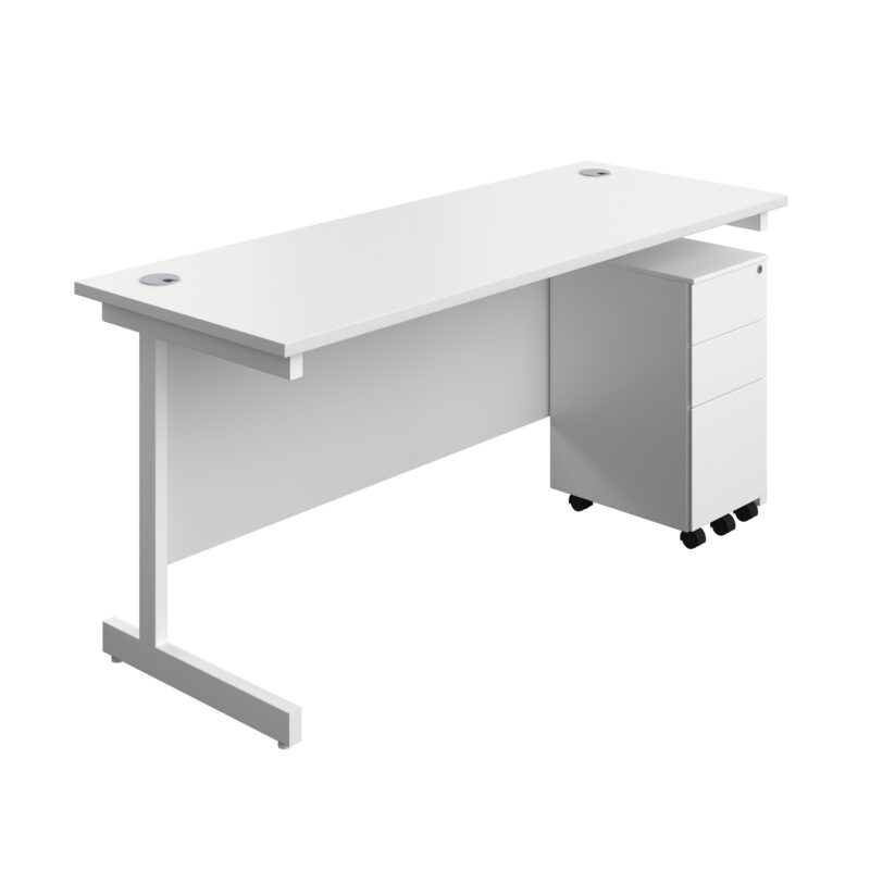 Single Upright Rectangular Desk + Slimline Steel Pedestal 3 Drawers | 1600 X 600 | White/White