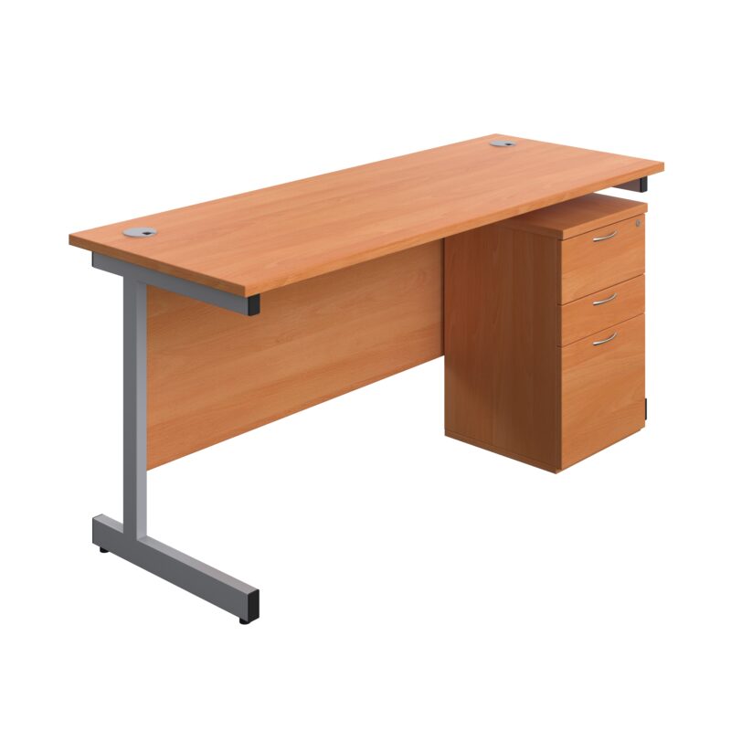 Single Upright Rectangular Desk + High Mobile Pedestal 3 Drawer | 1600 X 600 | Beech/Silver