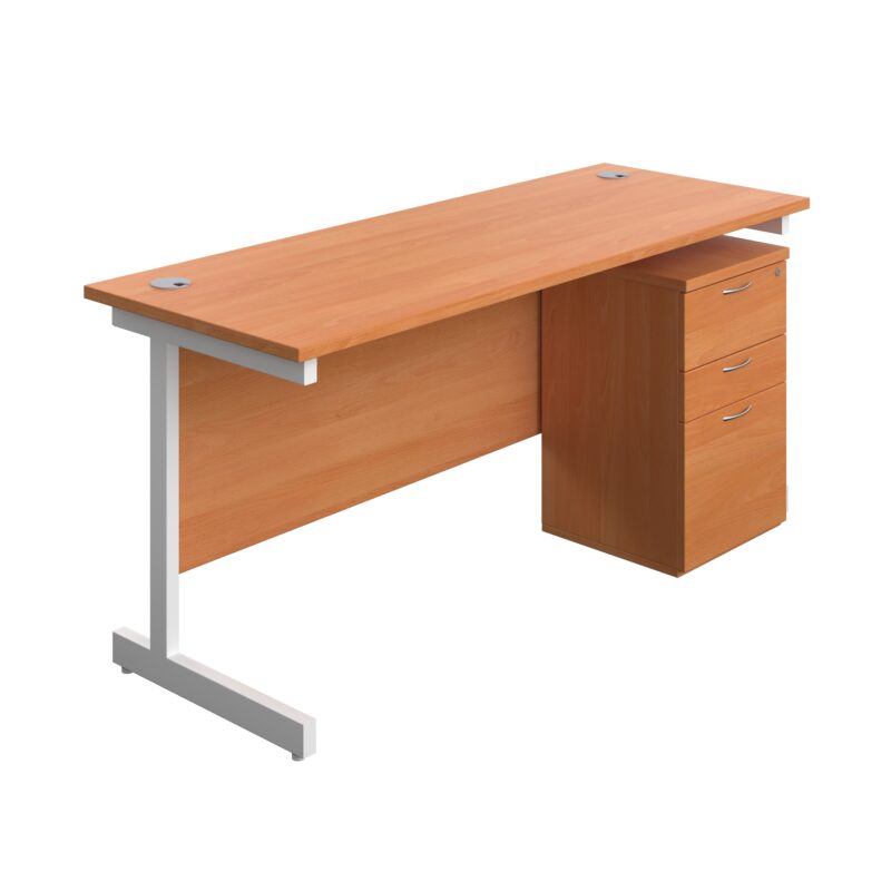 Single Upright Rectangular Desk + High Mobile Pedestal 3 Drawer | 1600 X 600 | Beech/White