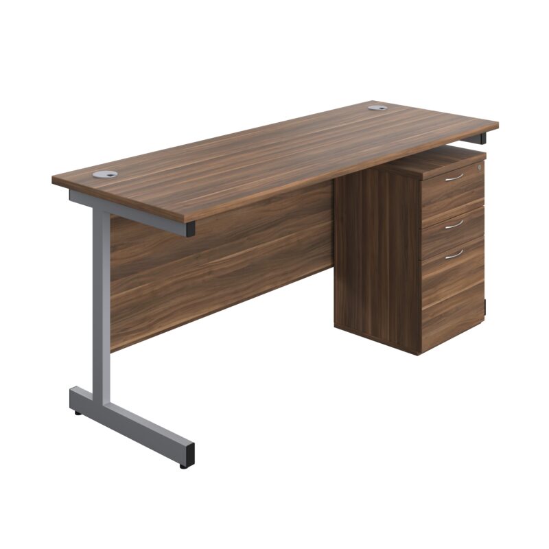 Single Upright Rectangular Desk + High Mobile Pedestal 3 Drawer | 1600 X 600 | Dark Walnut/Silver