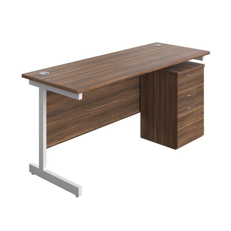 Single Upright Rectangular Desk + High Mobile Pedestal 3 Drawer | 1600 X 600 | Dark Walnut/White