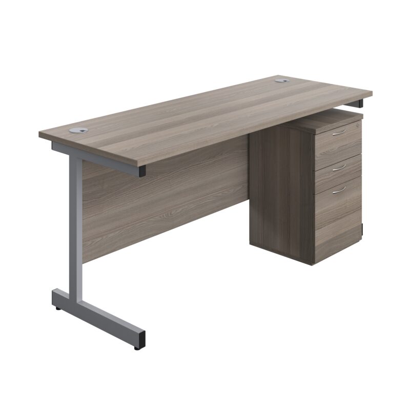 Single Upright Rectangular Desk + High Mobile Pedestal 3 Drawer | 1600 X 600 | Grey Oak/Silver