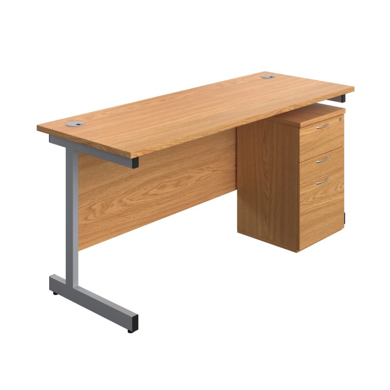 Single Upright Rectangular Desk + High Mobile Pedestal 3 Drawer | 1600 X 600 | Nova Oak/Silver