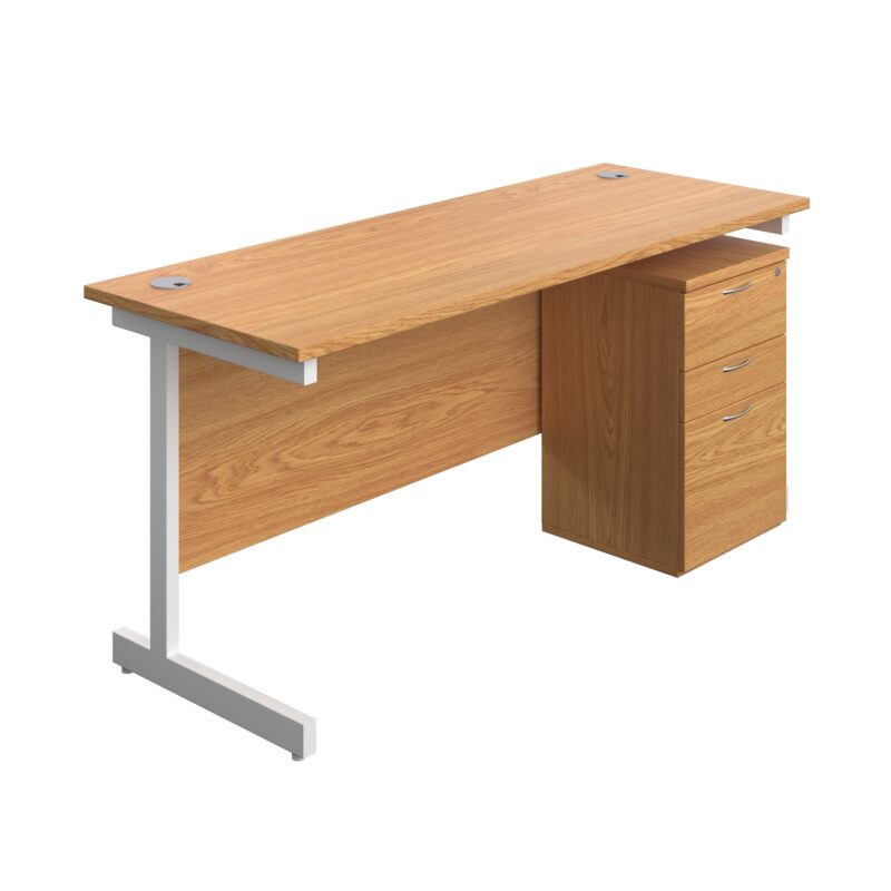 Single Upright Rectangular Desk + High Mobile Pedestal 3 Drawer | 1600 X 600 | Nova Oak/White