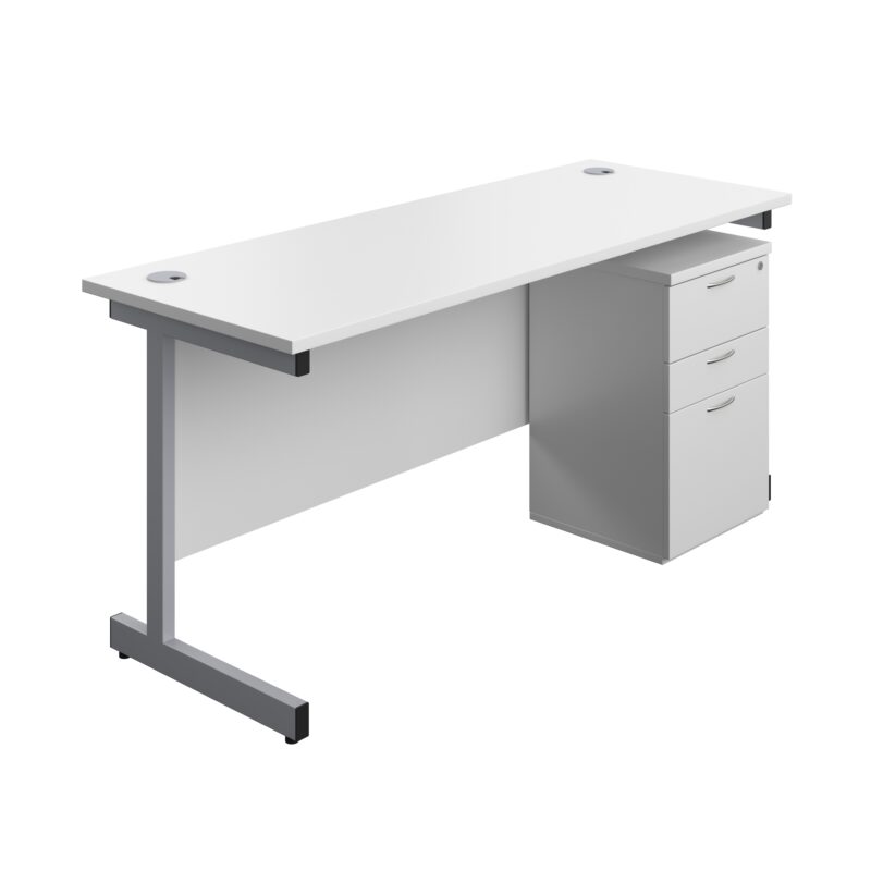 Single Upright Rectangular Desk + High Mobile Pedestal 3 Drawer | 1600 X 600 | White/Silver