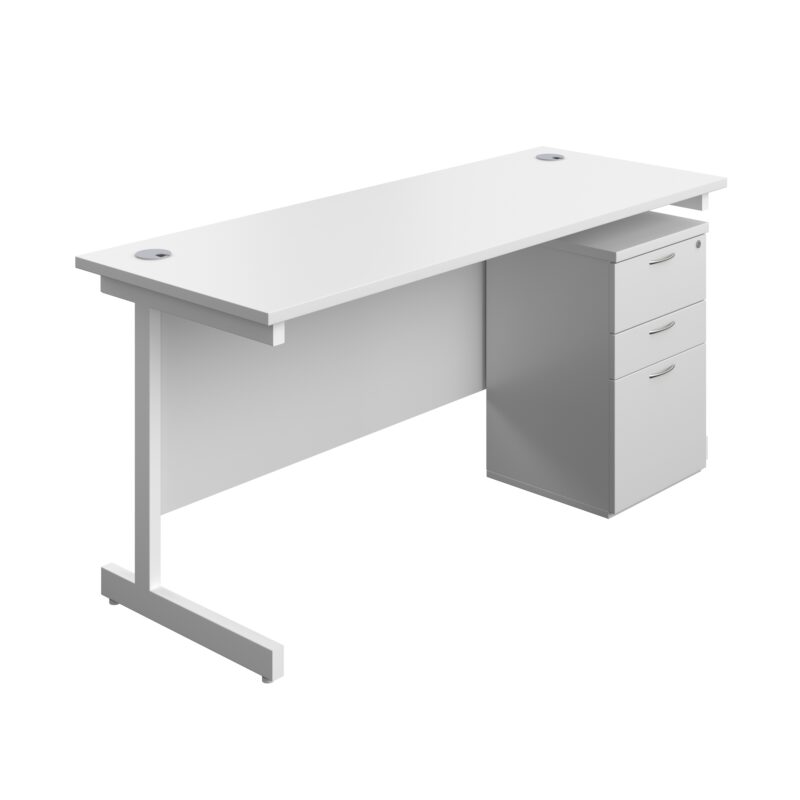 Single Upright Rectangular Desk + High Mobile Pedestal 3 Drawer | 1600 X 600 | White/White