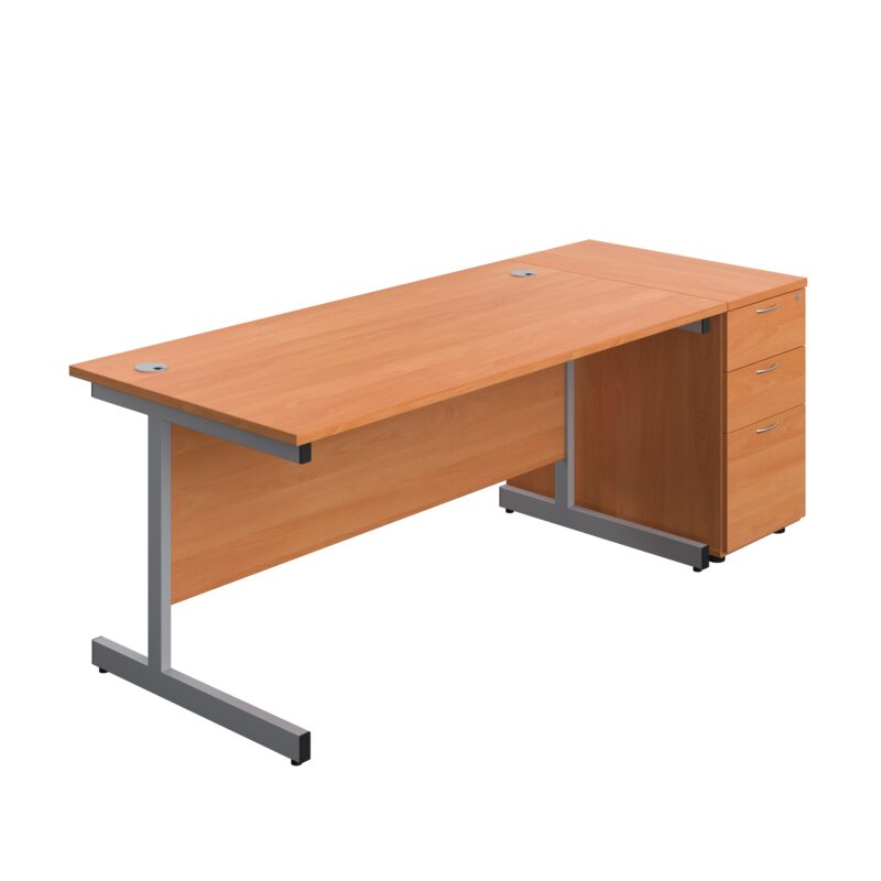 Single Upright Rectangular Desk + Desk High 3 Drawer Pedestal | 1600 X 800 | Beech/Silver