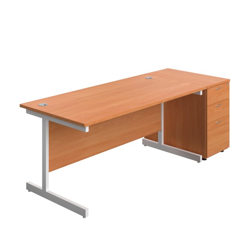 Single Upright Rectangular Desk + Desk High 3 Drawer Pedestal | 1600 X 800 | Beech/White