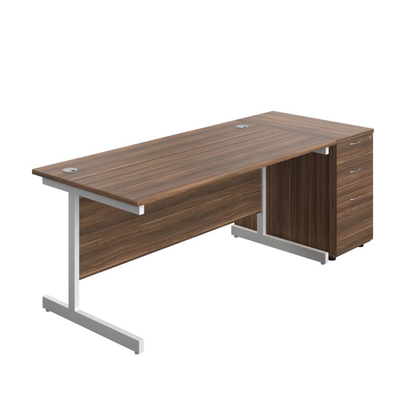 Single Upright Rectangular Desk + Desk High 3 Drawer Pedestal | 1600 X 800 | Dark Walnut/White