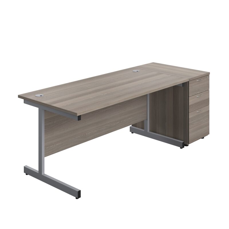 Single Upright Rectangular Desk + Desk High 3 Drawer Pedestal | 1600 X 800 | Grey Oak/Silver