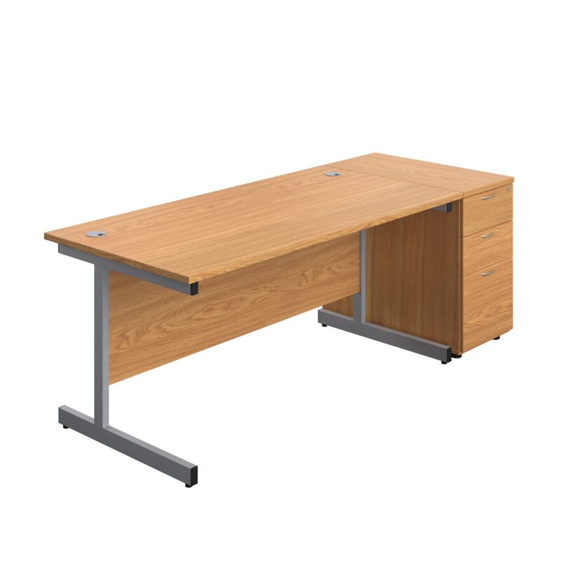 Single Upright Rectangular Desk + Desk High 3 Drawer Pedestal | 1600 X 800 | Nova Oak/Silver