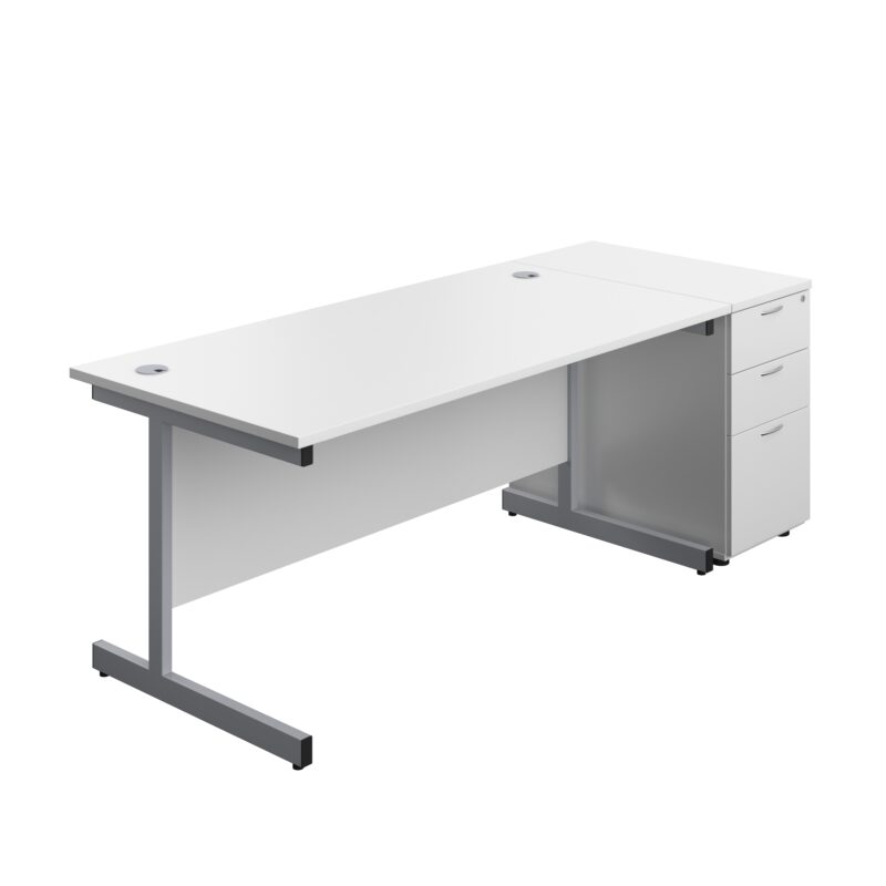 Single Upright Rectangular Desk + Desk High 3 Drawer Pedestal | 1600 X 800 | White/Silver