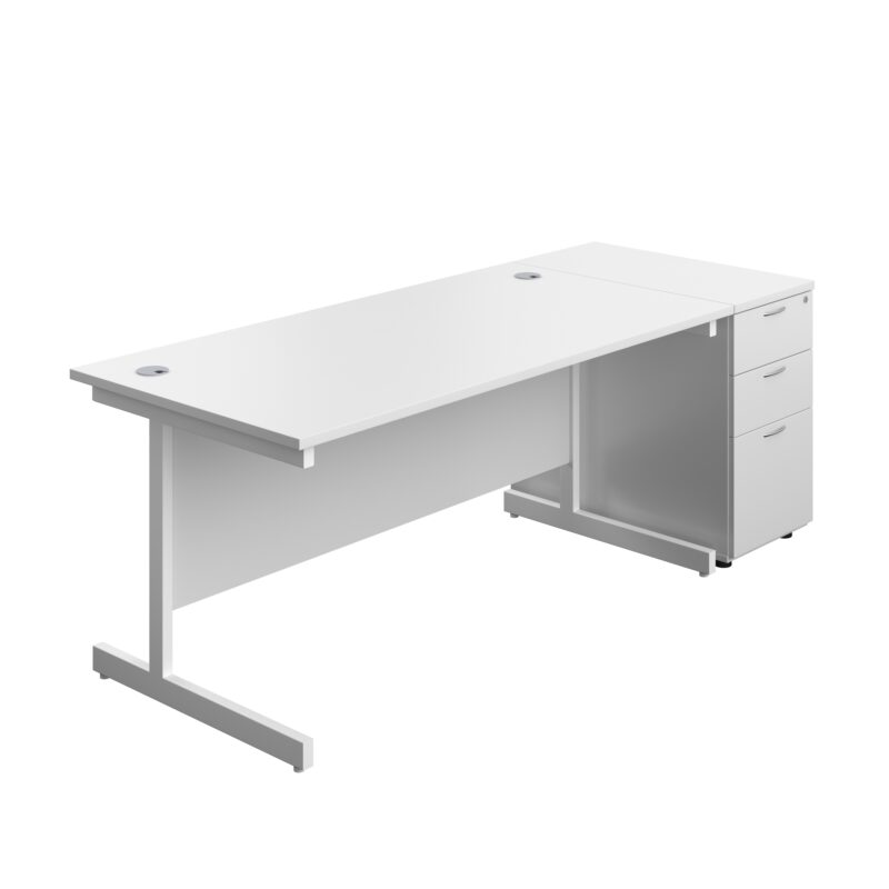 Single Upright Rectangular Desk + Desk High 3 Drawer Pedestal | 1600 X 800 | White/White