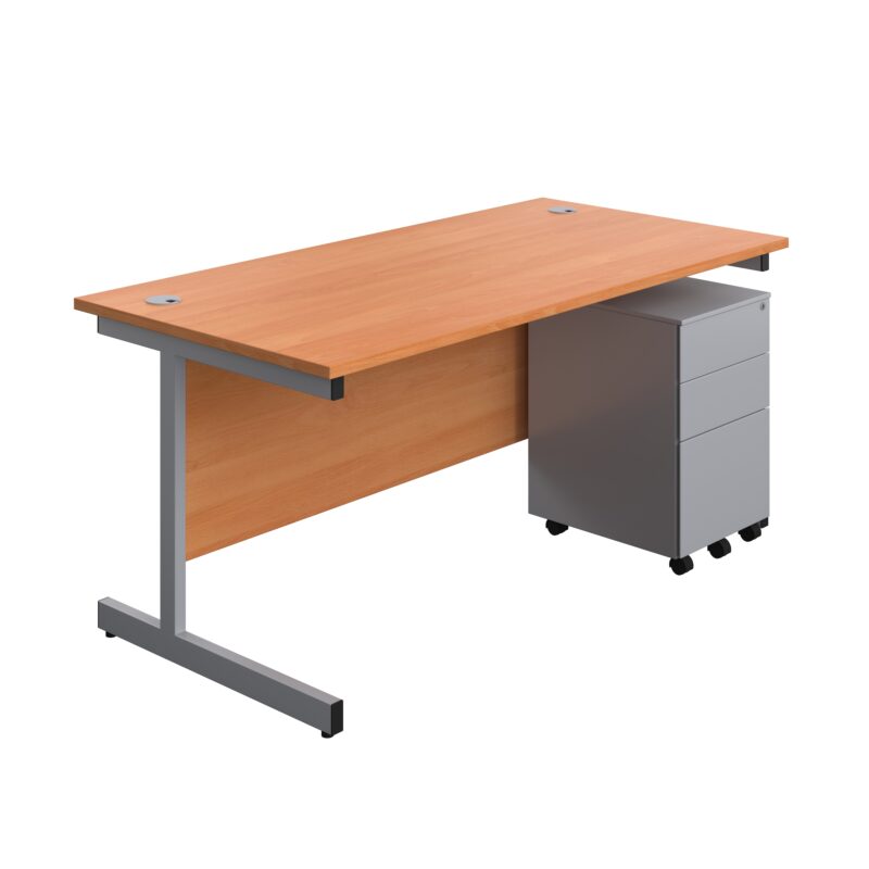 Single Upright Rectangular Desk + Under Desk Steel Pedestal 3 Drawers | 1600 X 800 | Beech/Silver