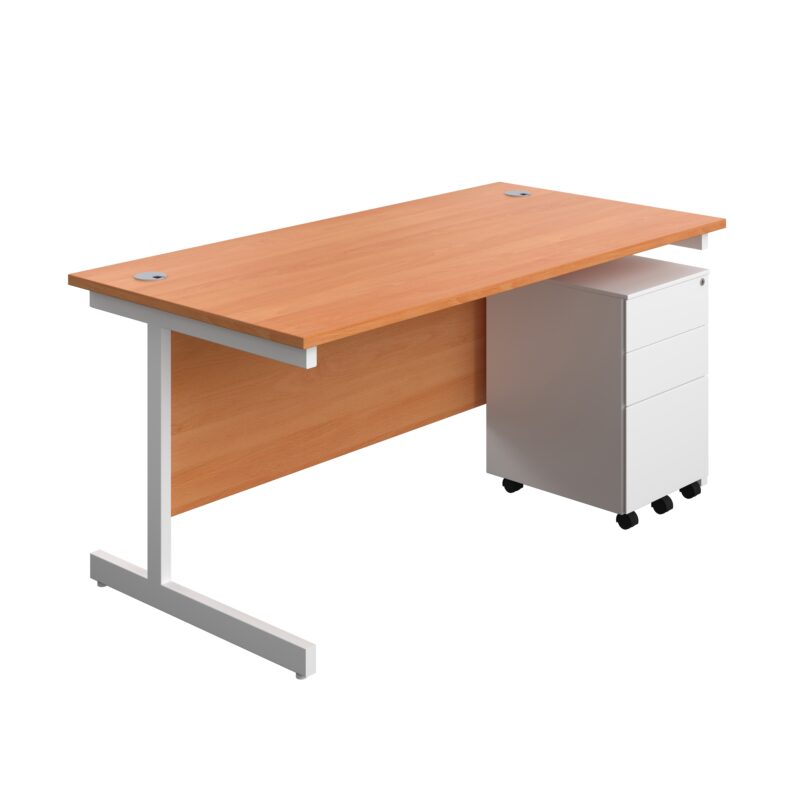 Single Upright Rectangular Desk + Under Desk Steel Pedestal 3 Drawers | 1600 X 800 | Beech/White