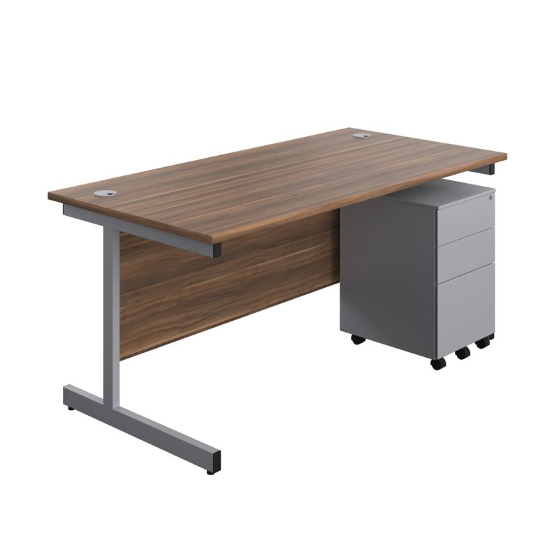 Single Upright Rectangular Desk + Under Desk Steel Pedestal 3 Drawers | 1600 X 800 | Dark Walnut/Silver