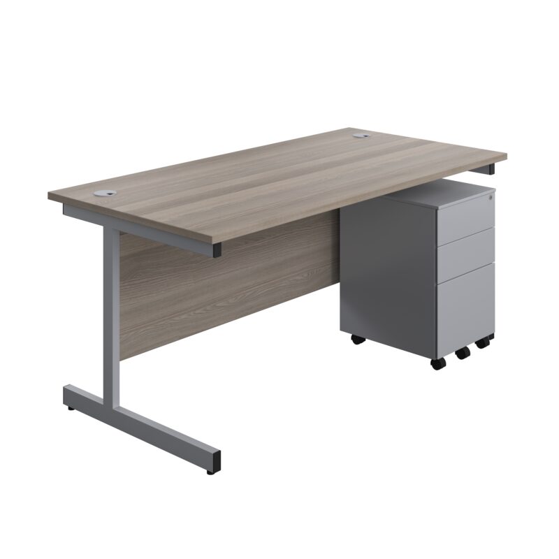 Single Upright Rectangular Desk + Under Desk Steel Pedestal 3 Drawers | 1600 X 800 | Grey Oak/Silver