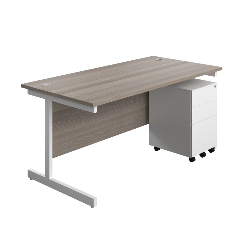 Single Upright Rectangular Desk + Under Desk Steel Pedestal 3 Drawers | 1600 X 800 | Grey Oak/White