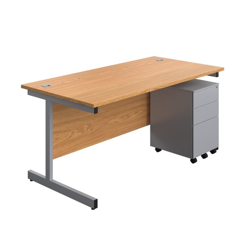 Single Upright Rectangular Desk + Under Desk Steel Pedestal 3 Drawers | 1600 X 800 | Nova Oak/Silver