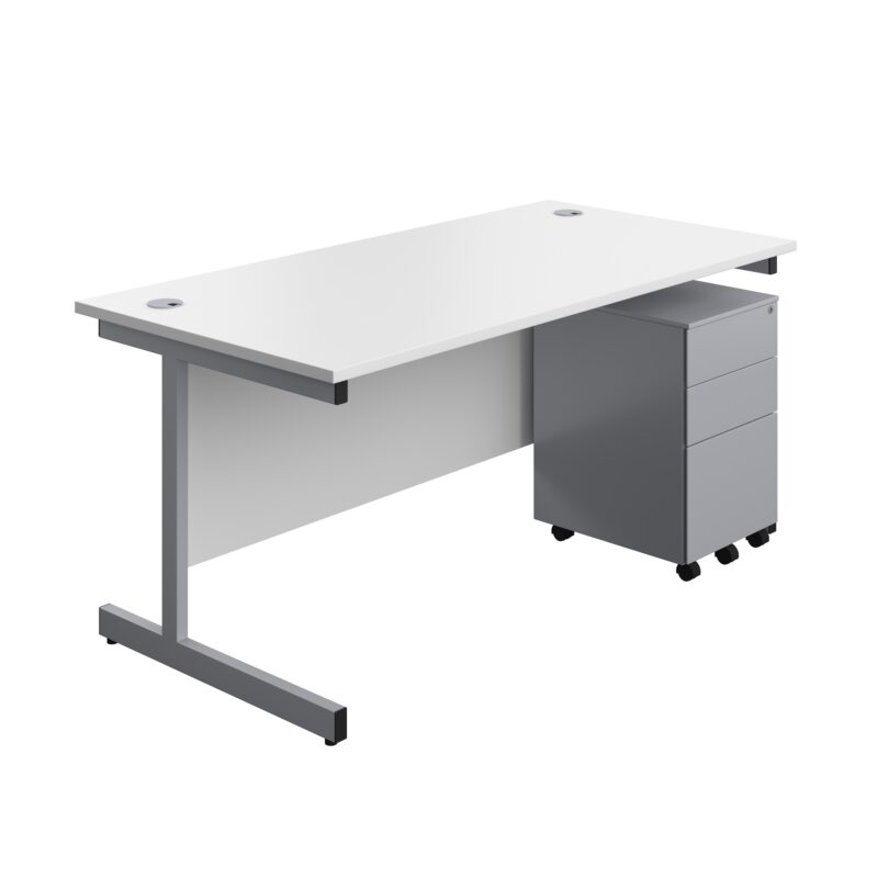 Single Upright Rectangular Desk + Under Desk Steel Pedestal 3 Drawers | 1600 X 800 | White/Silver