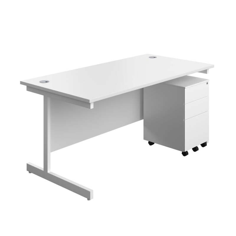 Single Upright Rectangular Desk + Under Desk Steel Pedestal 3 Drawers | 1600 X 800 | White/White